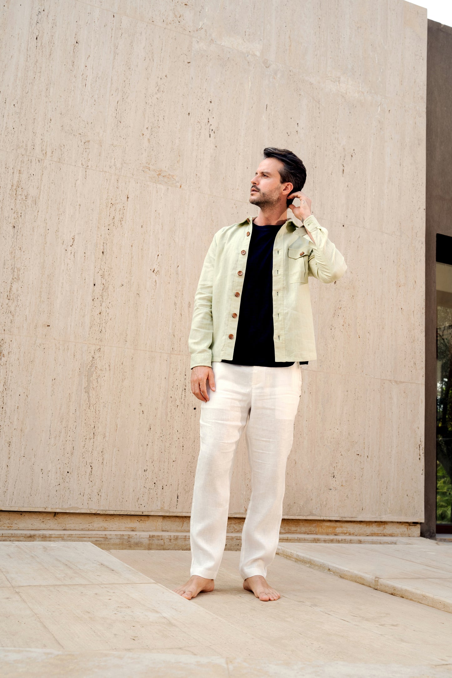 White Linen Herringbone Casual Pants
