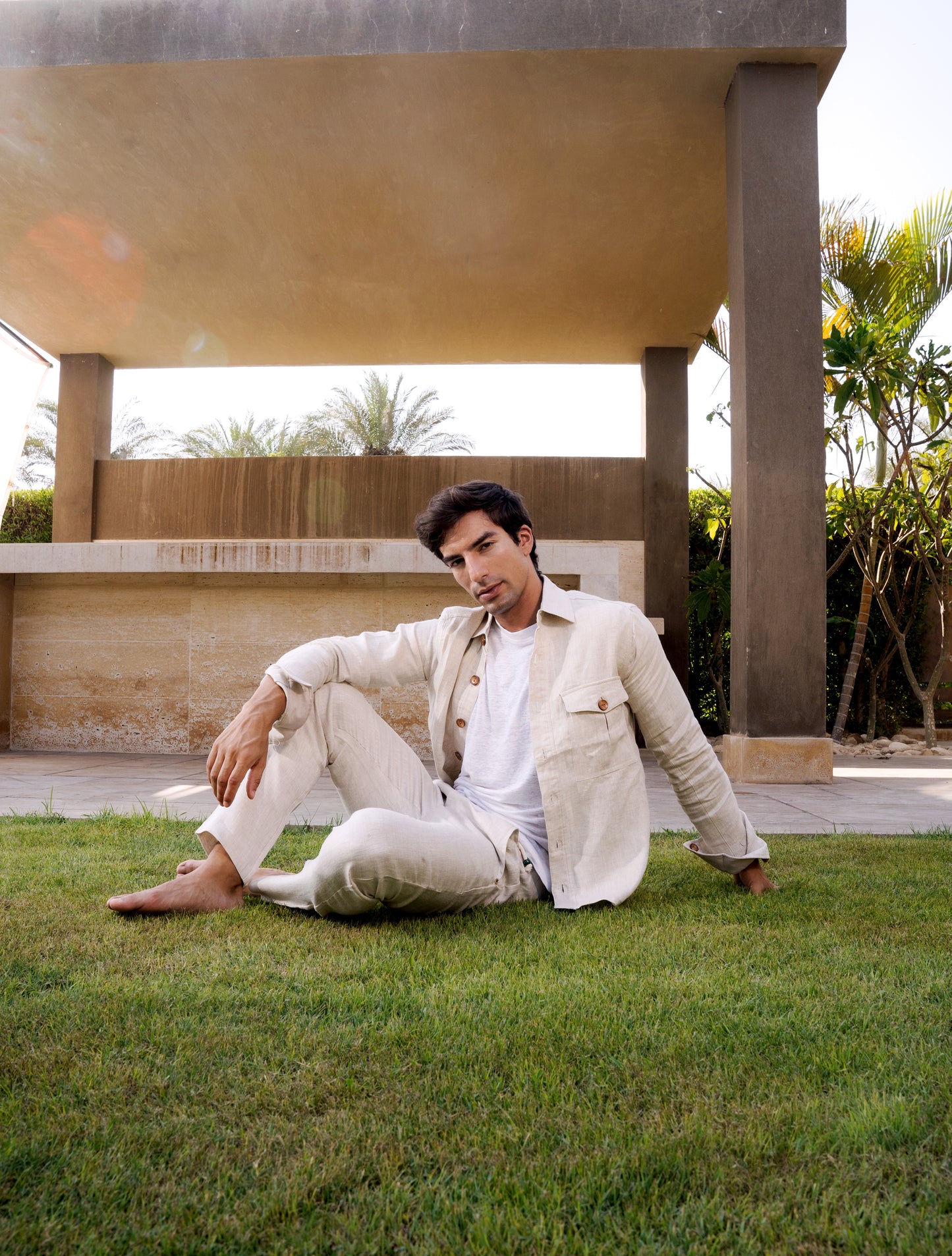 Beige Linen Herringbone Casual Pants