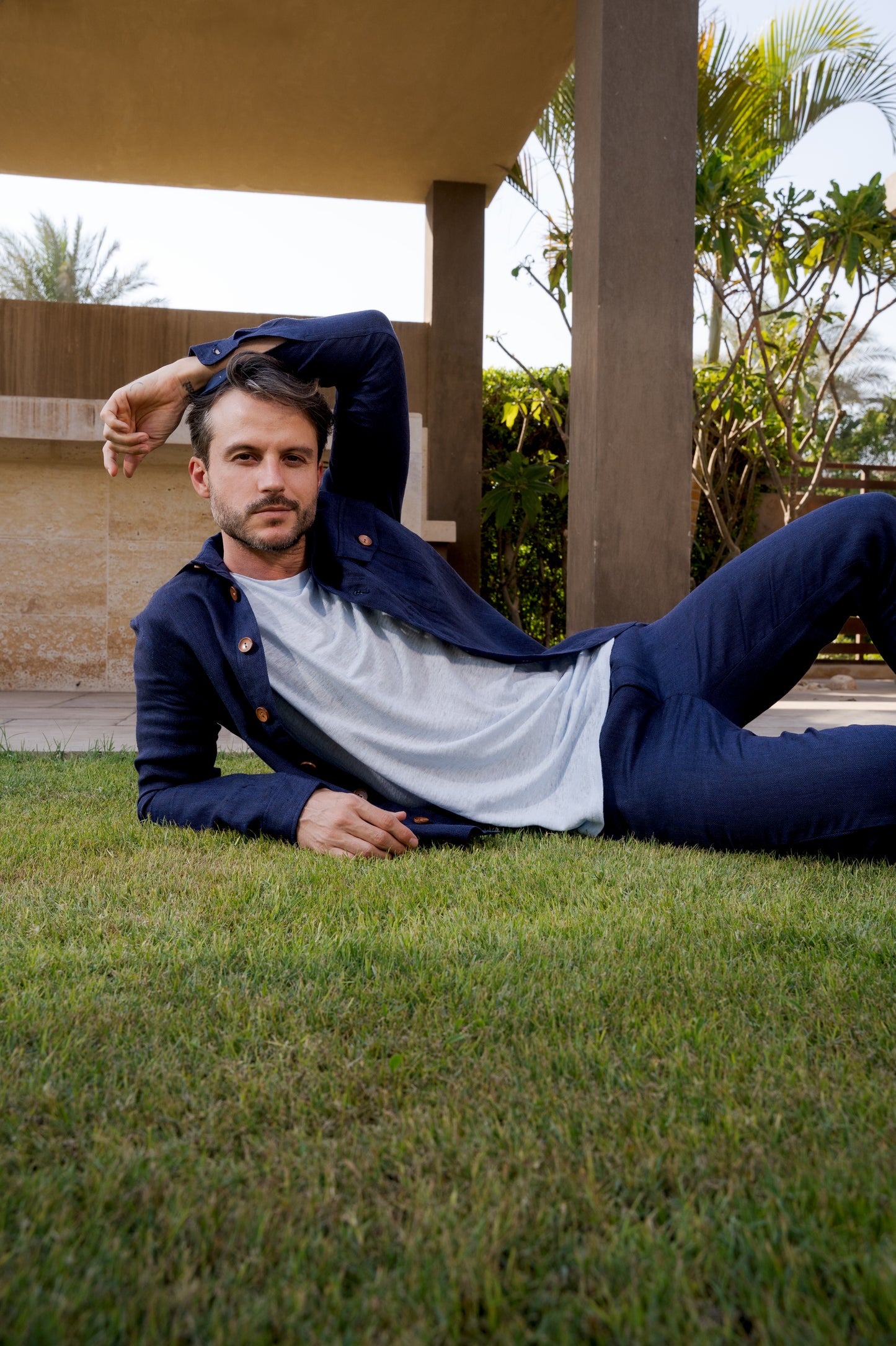 Navy Linen Herringbone Casual Pants