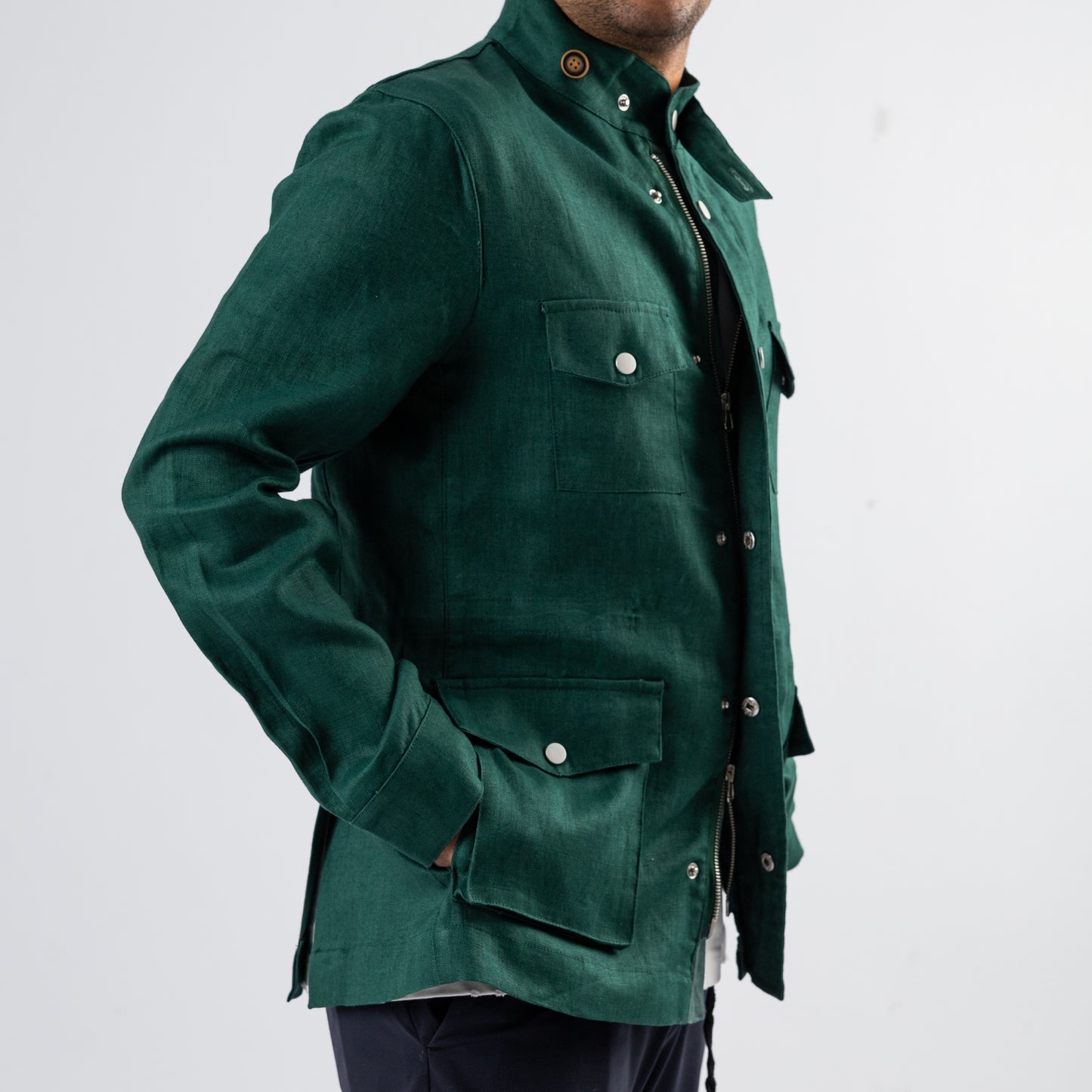 Emerald Green Linen Safari Jacket
