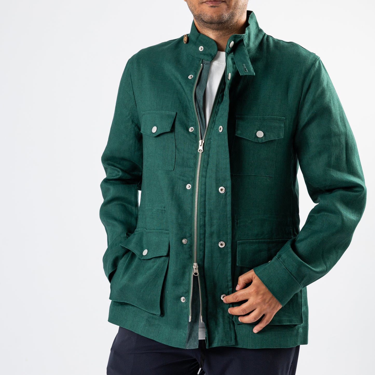 Emerald Green Linen Safari Jacket