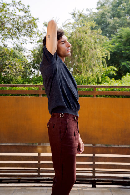 Maroon Linen Buckle Pants