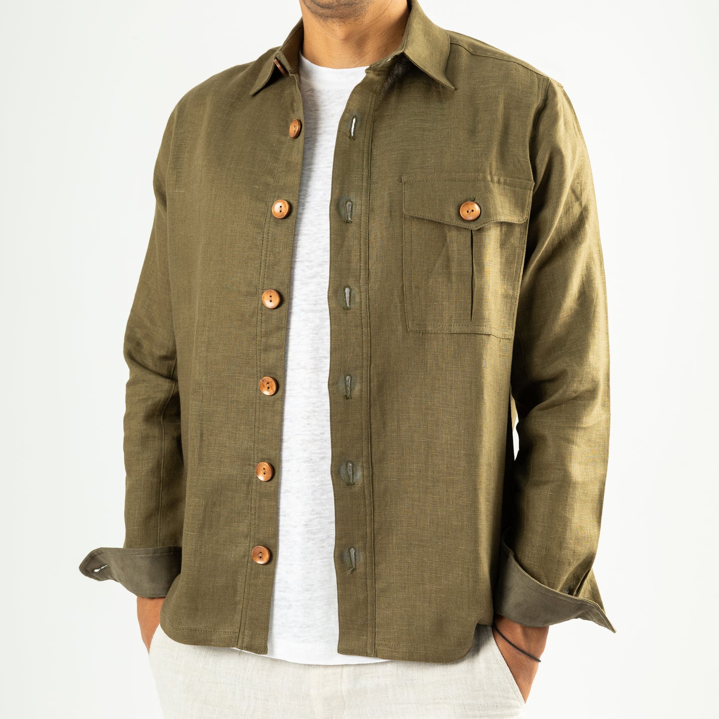 Brownish Green Linen Overshirt