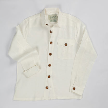 White Linen Herring Bones Overshirt