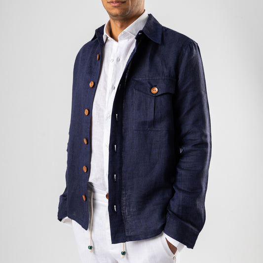 Navy Linen Herring Bones Overshirt